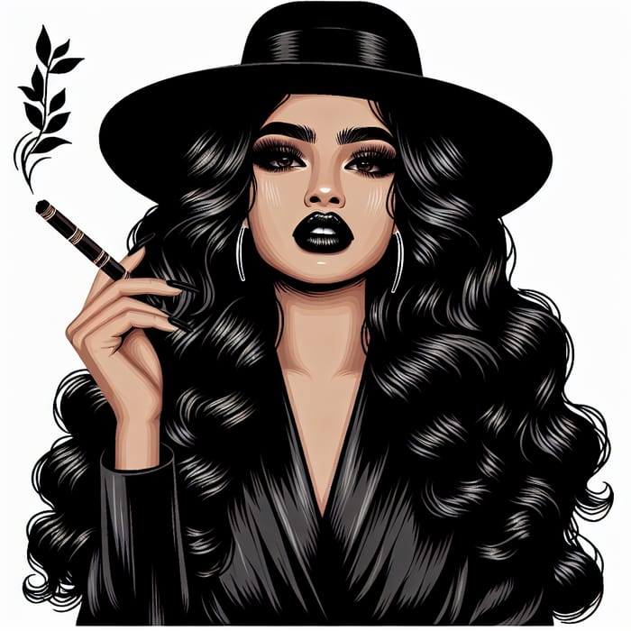 Vector Illustration of Mysterious South Asian Girl in Black Attire with Cigar