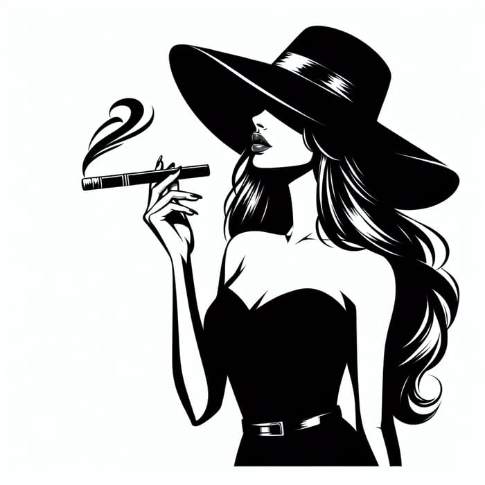 Stylish Vector Portrait of a Mysterious Girl with Black Hat and Cigar