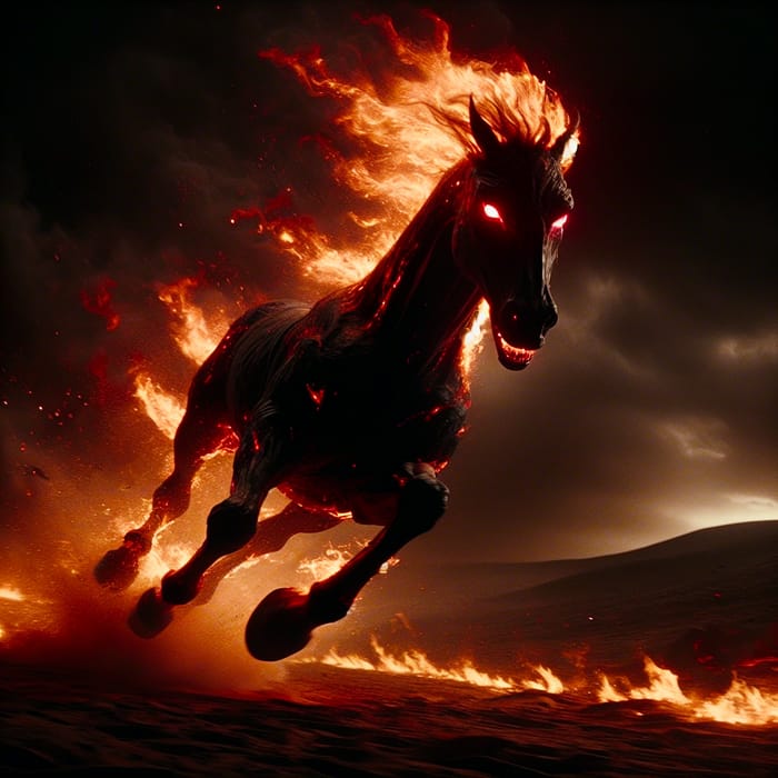 Fiery Demon Horse Galloping in Dramatic Landscape