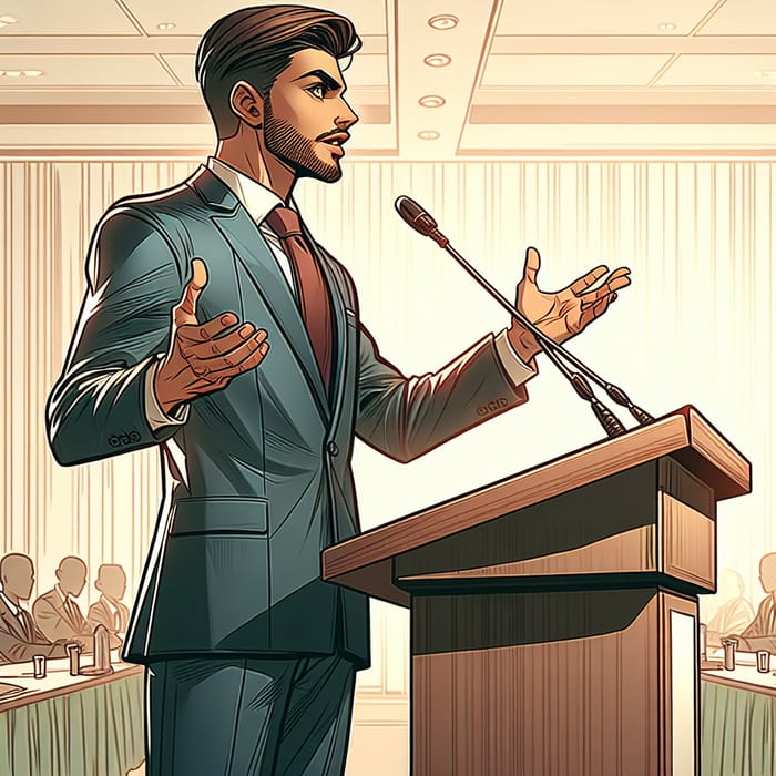 Confident Middle-Eastern Man Speaking at Conference Podium