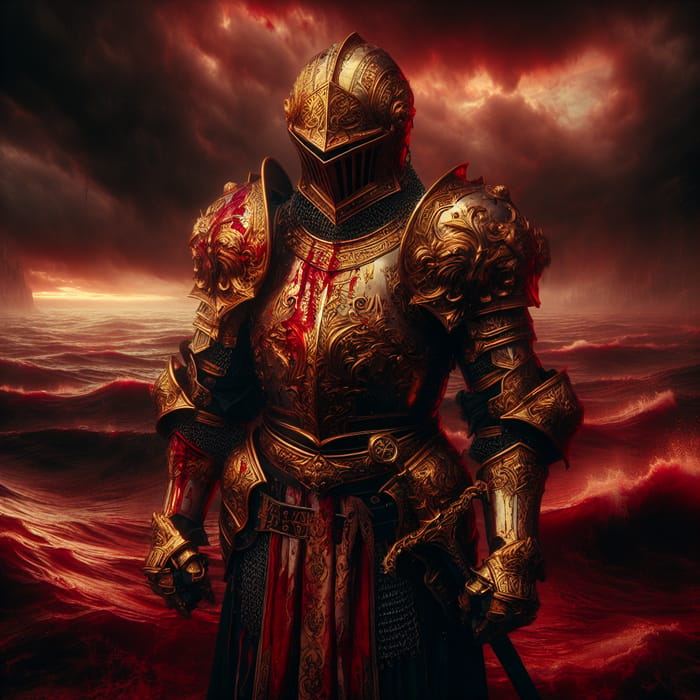 Knight in Golden Armor Faces Red Stormy Sea