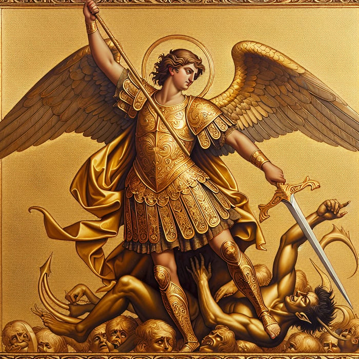 Archangel Michael in Elaborate Gold Armor Defeating Demon