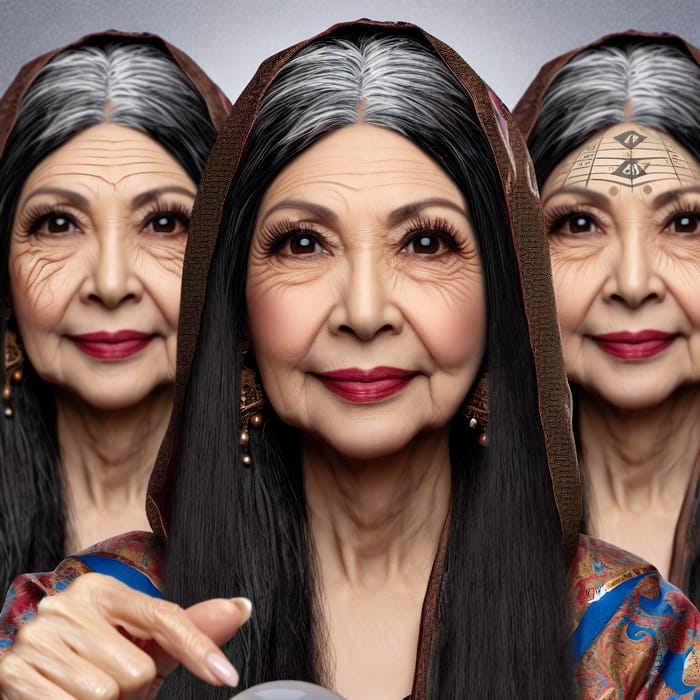 Fortune Teller Woman with Black Hair, Age 45, Varied Backgrounds