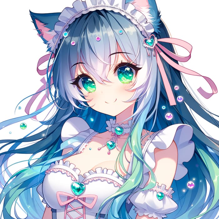 Anime Cat Girl with Blue Hair and Green Eyes