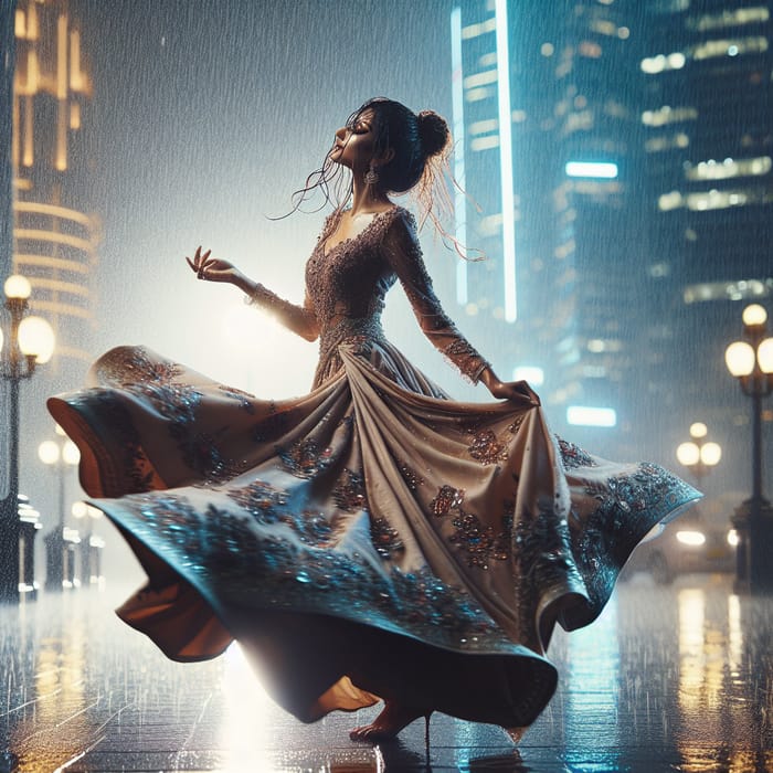 Asian Lady in Gown Dancing in Rain under Neon City Lights