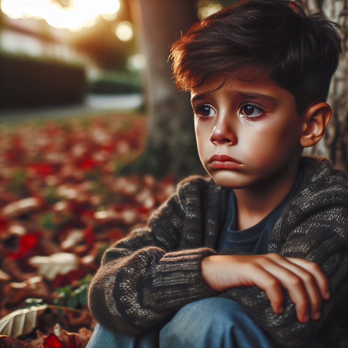 Crying Hispanic Boy in Autumn Park | Lost in Thought