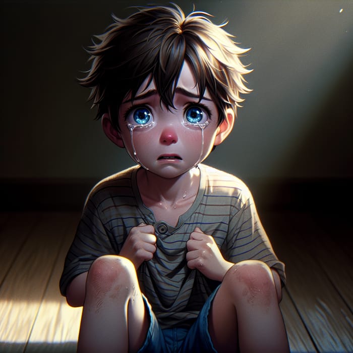 Crying Boy with Blue Shorts and Striped Shirt