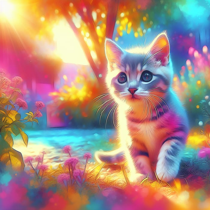 Playful Cat in Sunlit Garden - Vibrant Pastel Colors | Mischievous Expressions