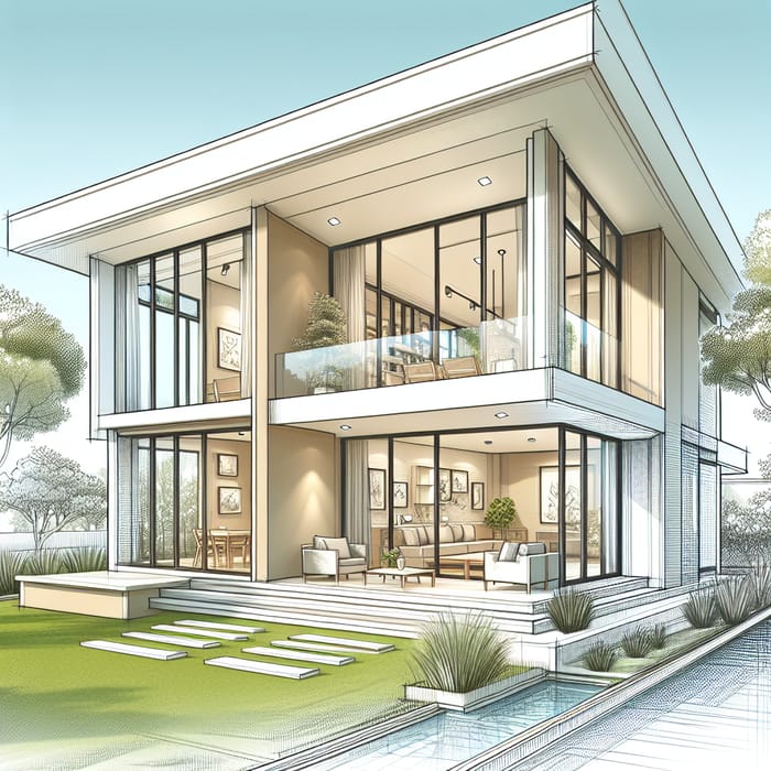 Modern Two-Storey House Sketch with Large Glass Window