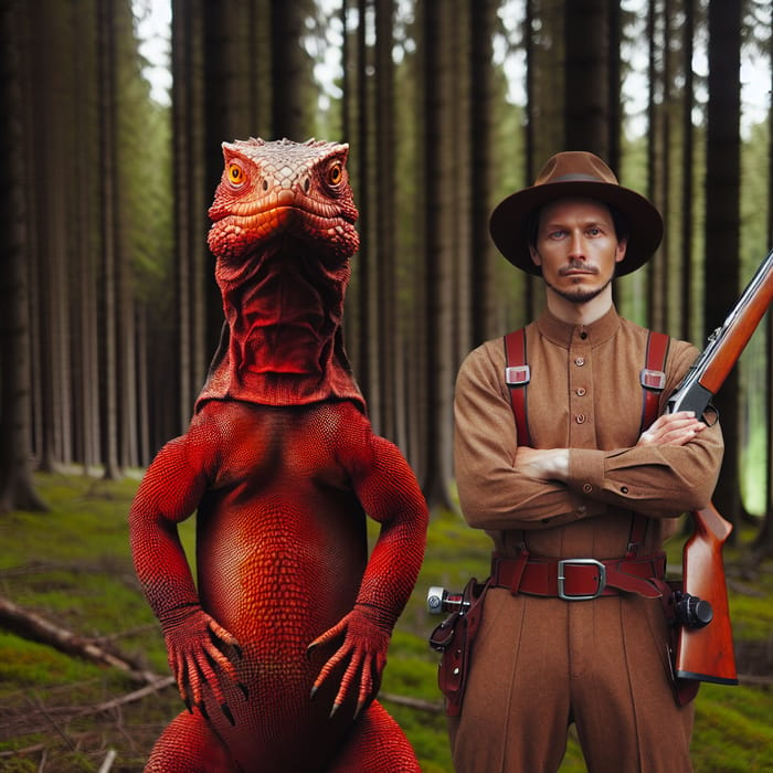 Hunter with Human-Sized Red Lizard in Thick Forest