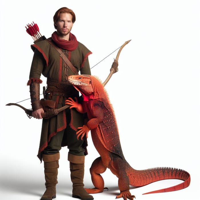 Hunter with Human-Sized Red Lizard - Captivating Image