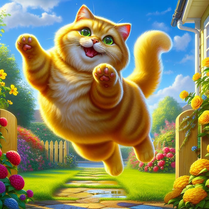 Yellow Cat Jumping in Garden | Playful Cat Art