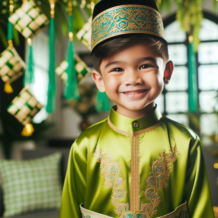 Muslim Kid in Traditional Hari Raya Outfit | Festive Celebration