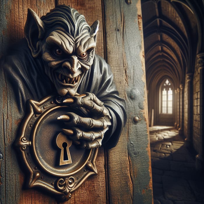 Malevolent Gargoyle Peeking Through Old Brass Keyhole