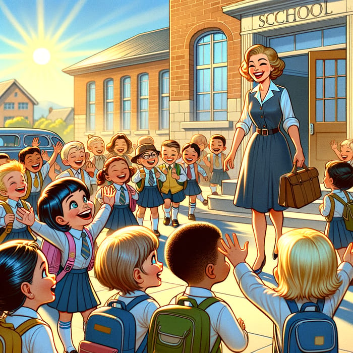 Animated Scene: Excited Kids Arriving at School
