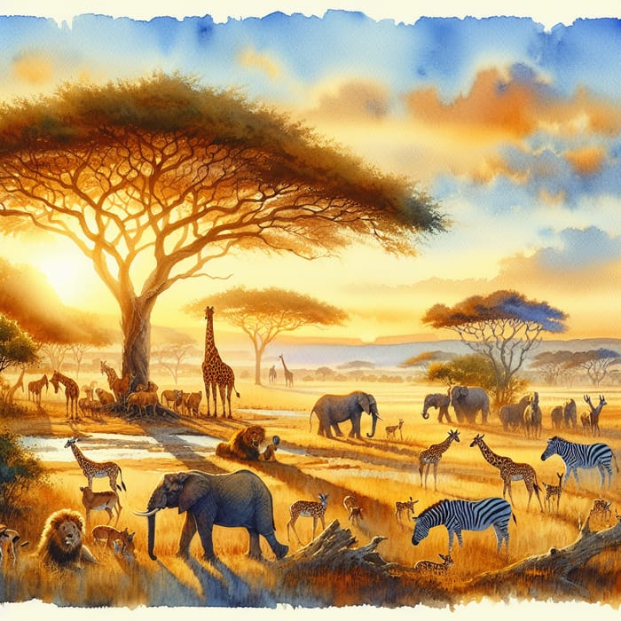 African Safari Watercolor Scene: Captivating Wildlife and Scenery
