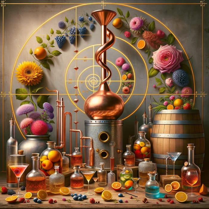 Visually Captivating Still Life with Gleaming Copper Still & Fruit Infusions