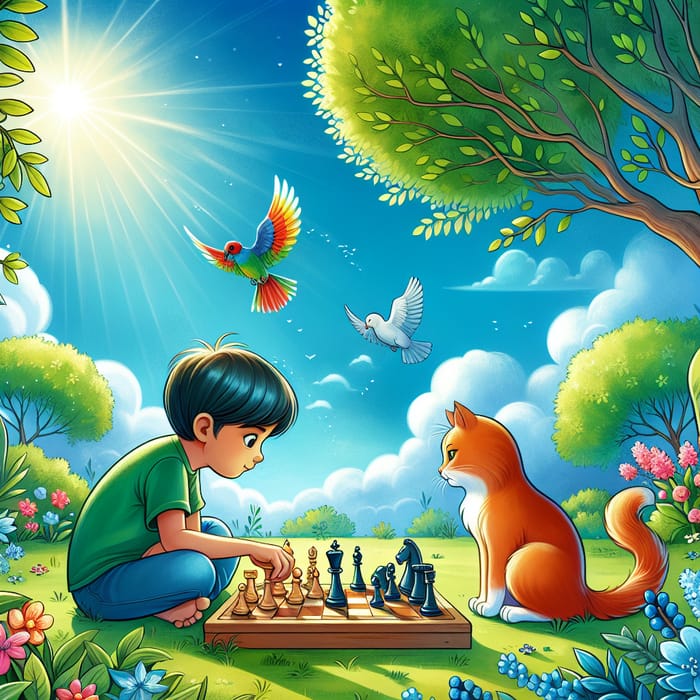 Child Playing Chess with Orange Cat in Spring Garden Scene