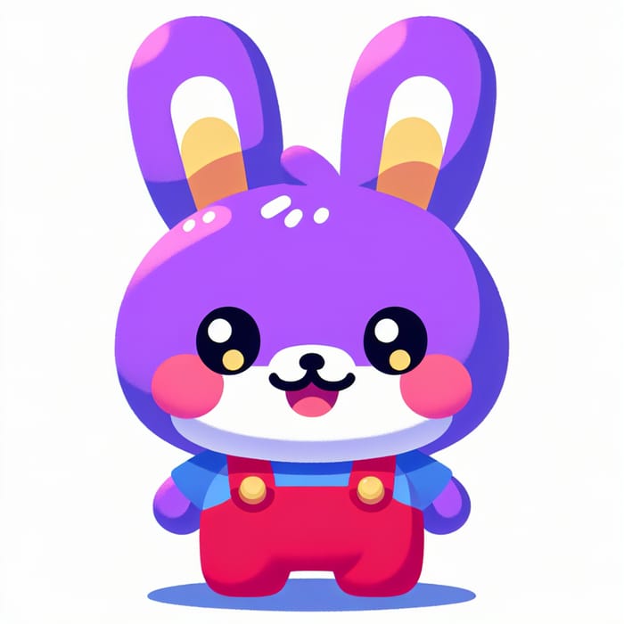 Cute Violet Rabbit in Red Overalls Smiling | Playful Purple Bunny