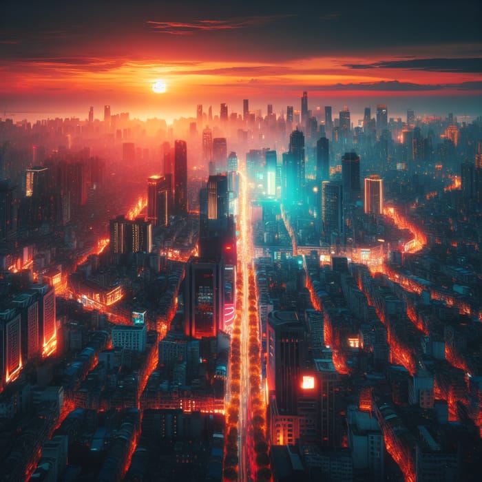 Neon Cyberpunk Cityscape: Dystopian Sunset Views