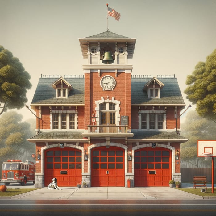 Classic Firehouse with Red Door and Brass Bell