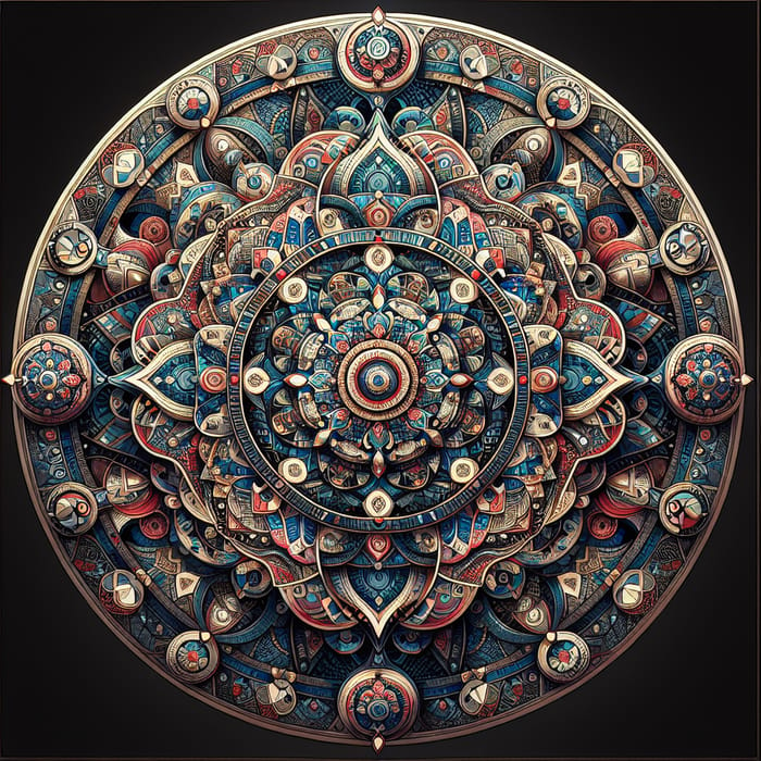 Colorful Kaleidoscopic Circle Design in Blue, Red & Gold