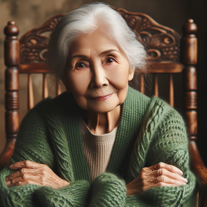 Serene Elderly Woman in Green Sweater on Rocking Chair