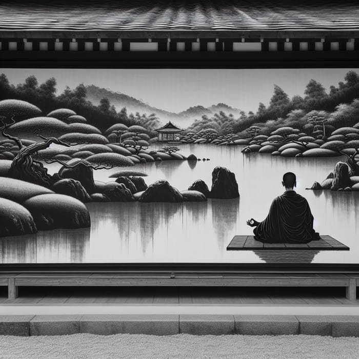 Tranquil Zen Garden with Meditating Monk in Traditional Japanese Style