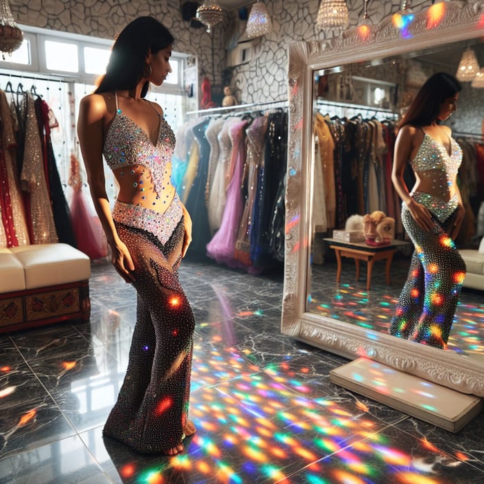 South Asian Woman Sparkling Costume Try-On at Clothing Store