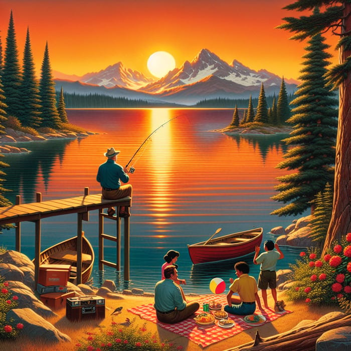 Tranquil Sunset View over Lake with Mountain Range | Family Picnic Scene