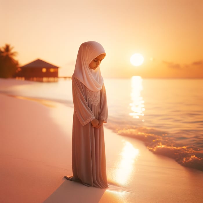 Serene Sunset Moment: Young Girl in Hijab on Maldives Beach