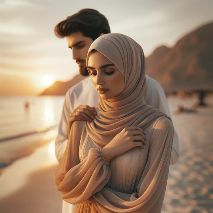 Muslim Couple in Hijab at Maldives Beach Sunset