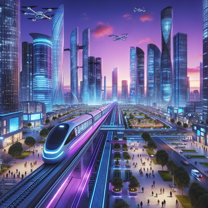 Vision of Future Cityscape: Neon Skyscrapers & Technology