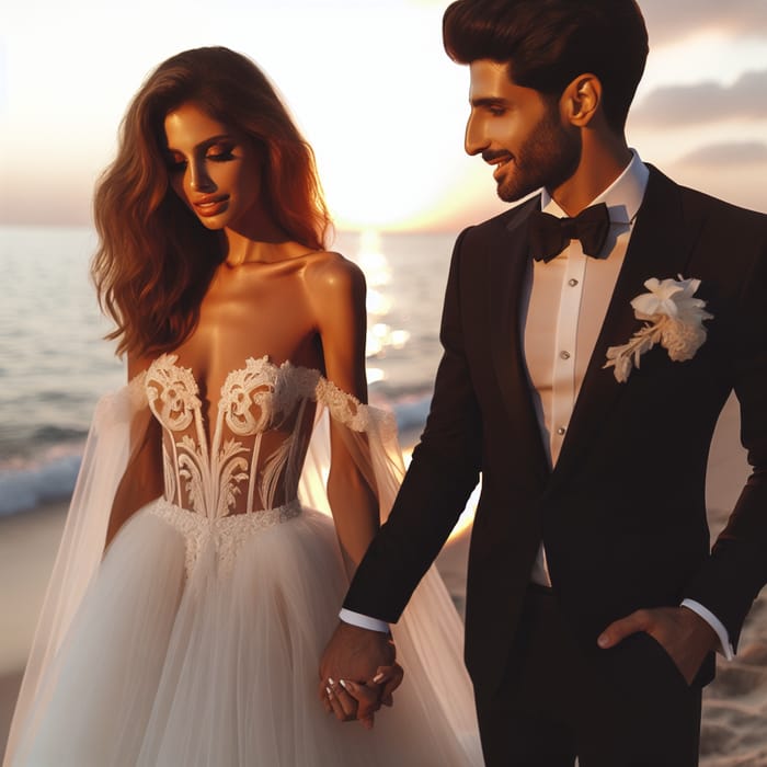 Romantic Beach Wedding at Twilight | Bride and Groom Holding Hands