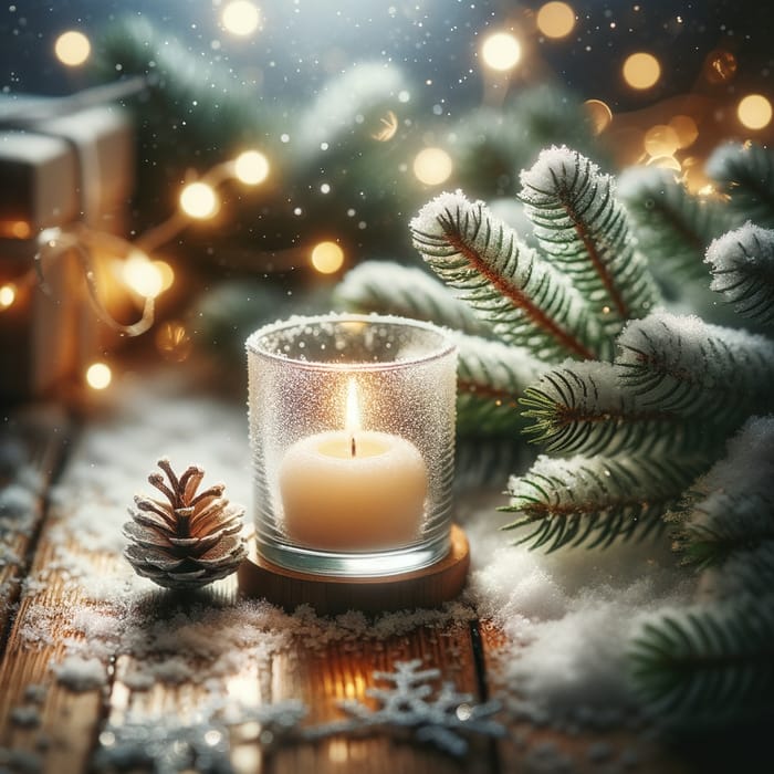 Cozy Winter Scene with Aromatic Candle, Fir Branch, and Snow