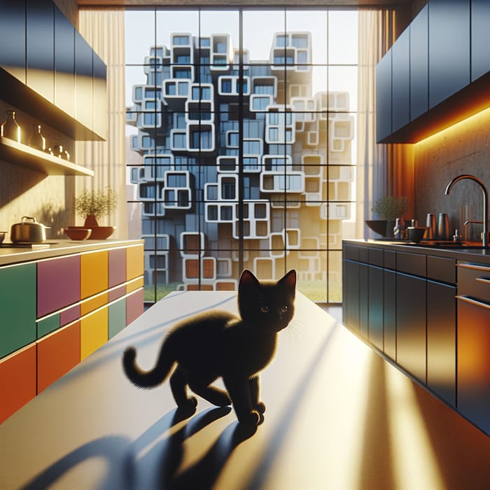 Playful Black Kitten in Vibrant Modern Kitchen