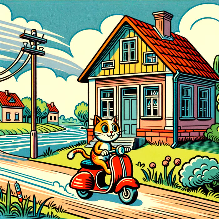 Vintage Cartoon House by River with Multicolored Cat on Scooter