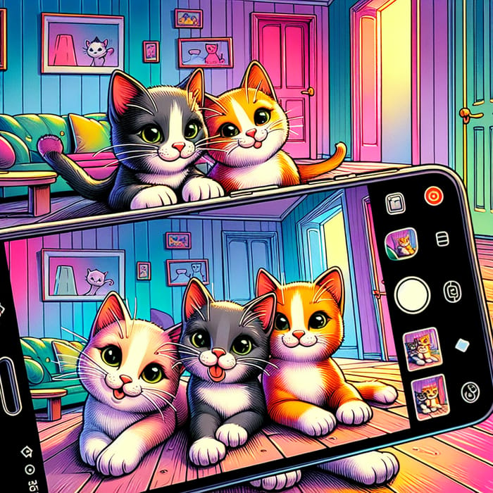 Mischievous Kittens Selfie in Colorful Living Room