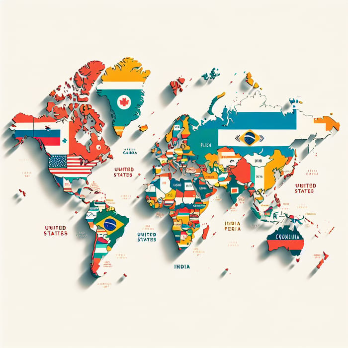 World Map Highlighting Brazil, Russia, Canada, USA, Colombia, Indonesia, Peru, India, China