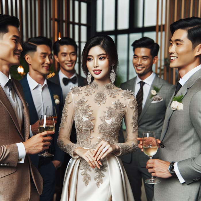 Beautiful Vietnamese Woman in Stylish Attire with Handsome Men