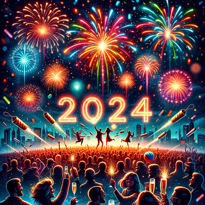 Vibrant 2024 New Year Celebration with Fireworks & Champagne Toast