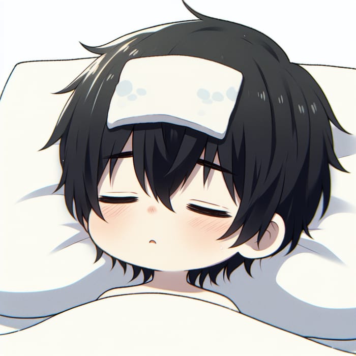 Sick Black-Haired Anime Baby | Resting Cold Cloth