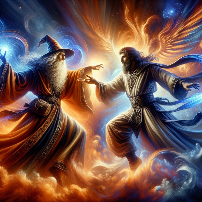 Dramatic Wizard vs. Priest Duel: Renaissance-inspired Fantasy Scene