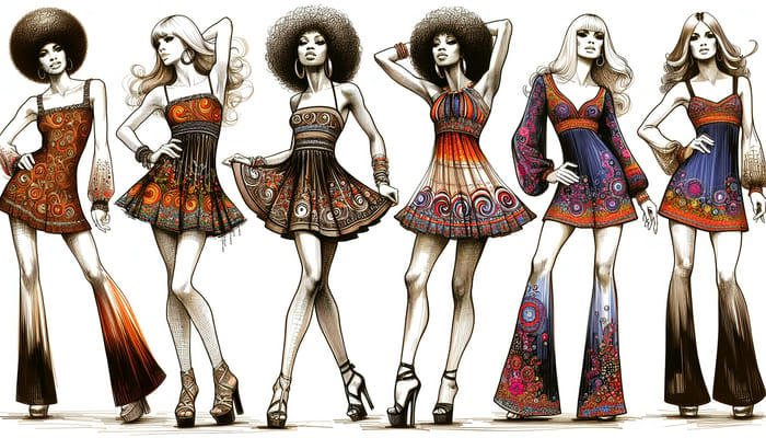 Dynamic 70s Fashion Sketches - Retro Glamour & Artistic Flair