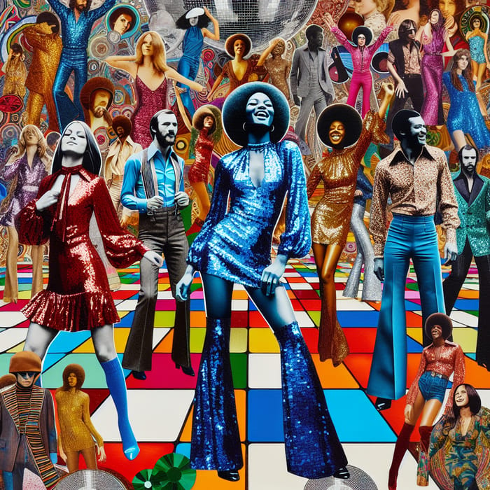 Vibrant 70s Disco Collage: Glitz, Glamour & Iconic Style