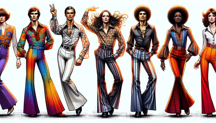 Dynamic 70s Dancers in Vibrant Costumes | Retro Sketches