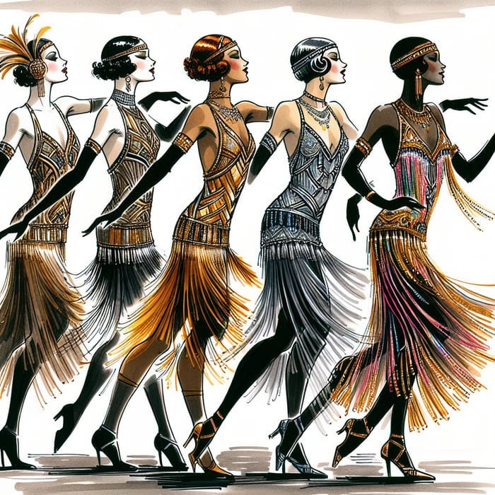 Dynamic 1920s Dance Ensemble Sketch with Four Female Dancers