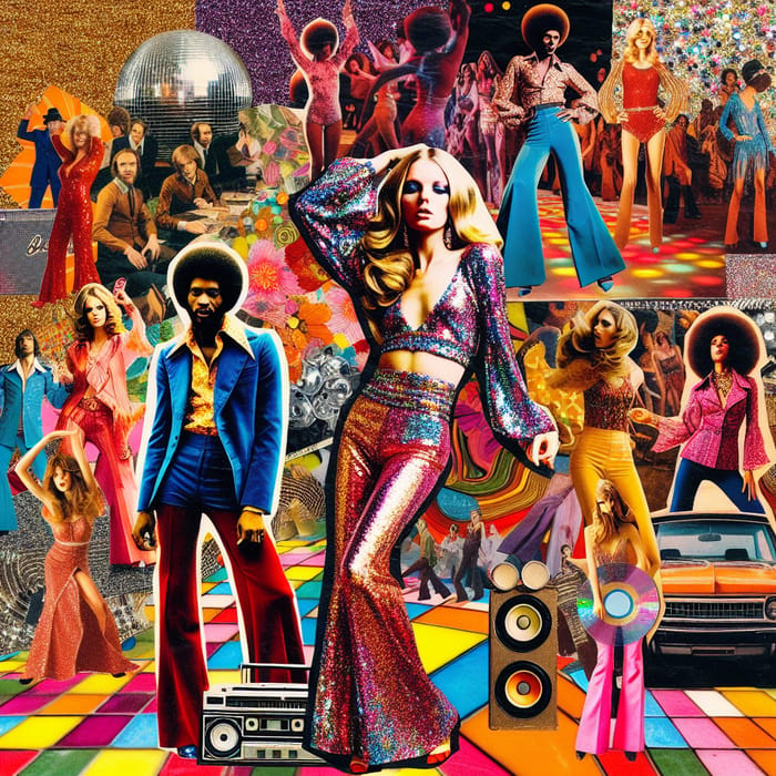 Vibrant 70s Disco Collage: Glitz, Glamour & Andy Warhol Style