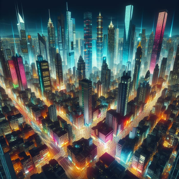 Cyberpunk Cityscape with Neon Lights and Towering Skyscrapers
