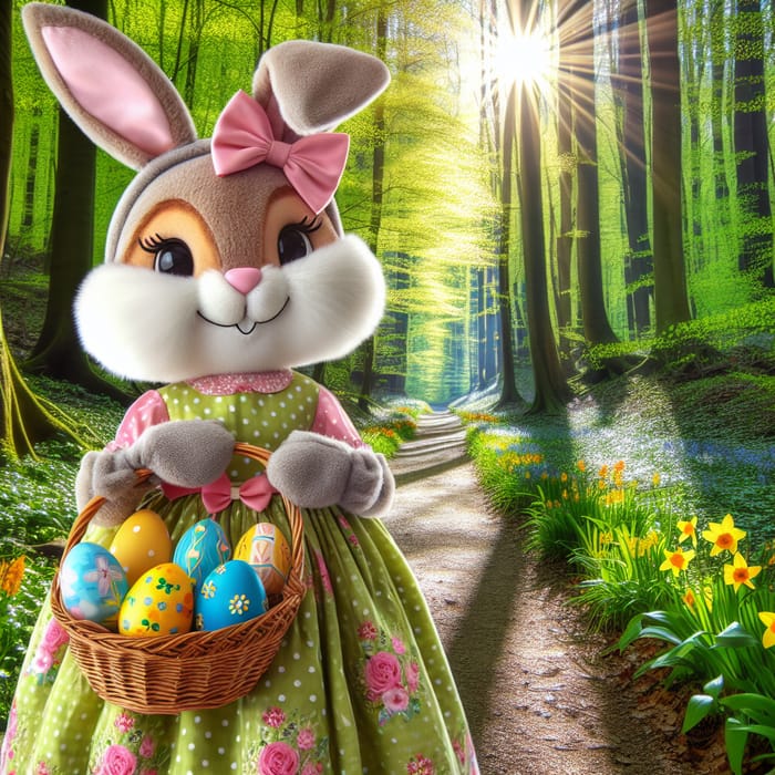 Cheerful Easter Bunny in Zuhair Murad Dress Walking in Sunny Forest